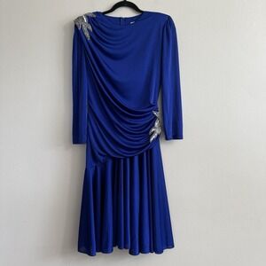 Vintage‎ 80's Women Abby Kent Cocktail Dress Ruched Blue Size 8 Sequins Sequins